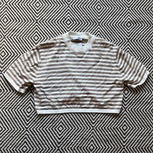 Stile Casual Striped Short Sleeve Crop Top in Cream and Brown